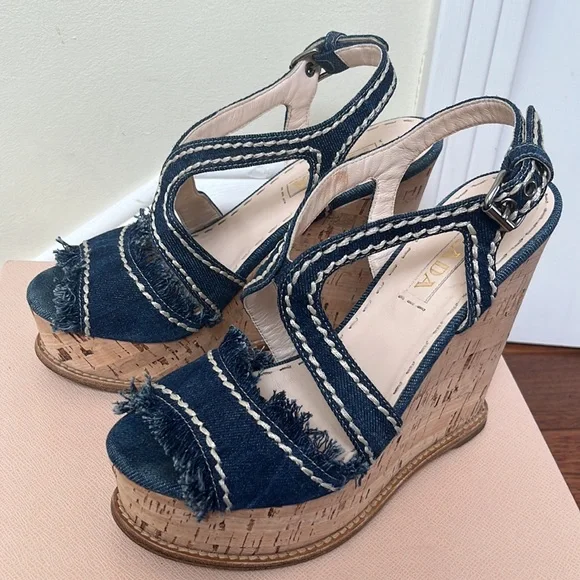 Prada | Denim Fringe Cork Wedges Size 37 Blue White Stitched - Picture 2 of 12